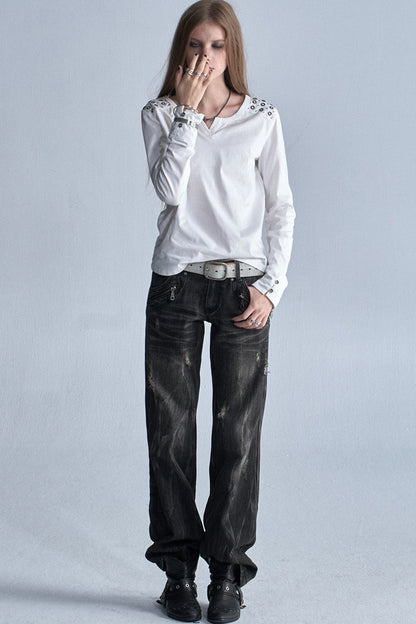 Distressed Low-Rise Denim Jeans