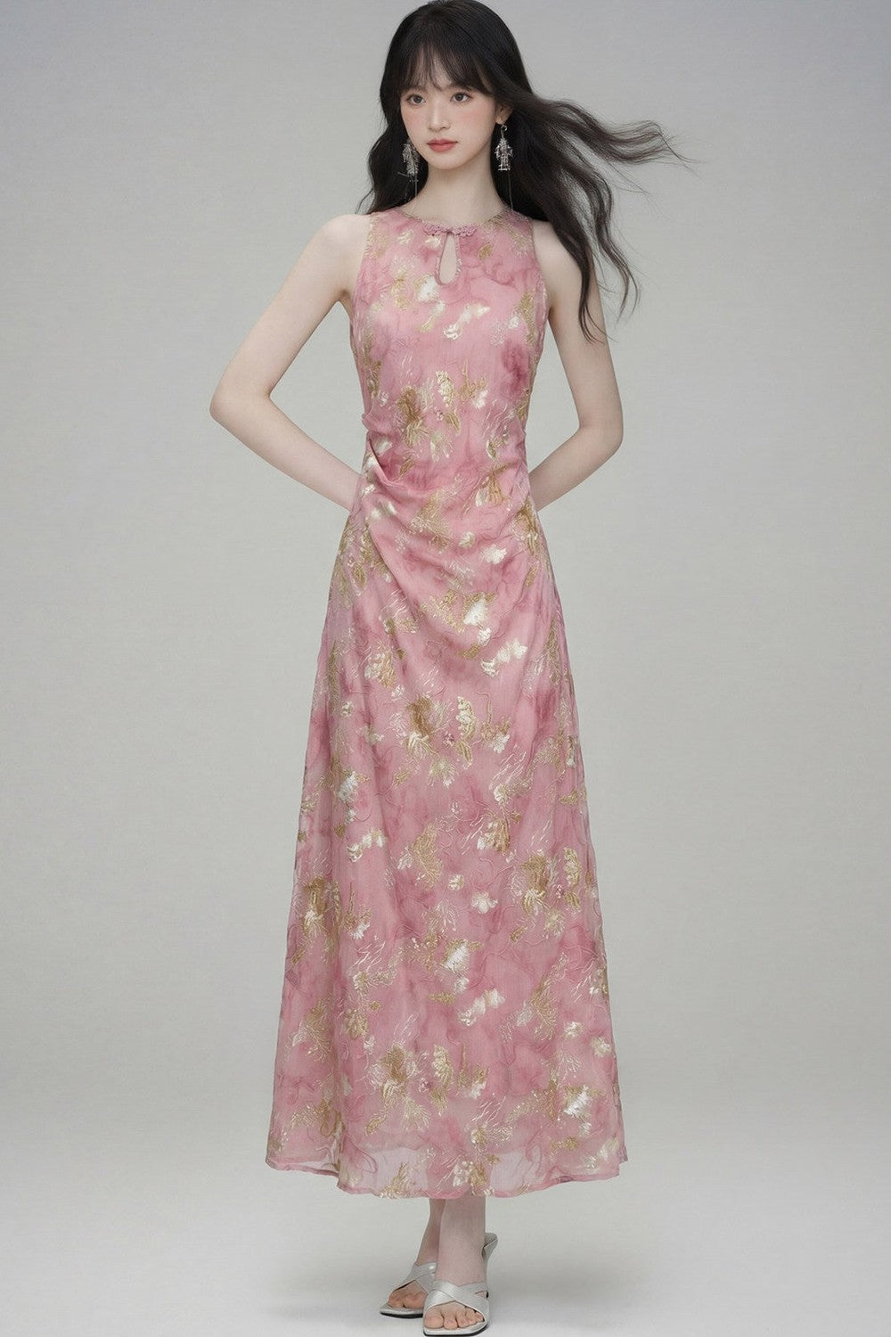 New Chinese Gold Jacquard Dress
