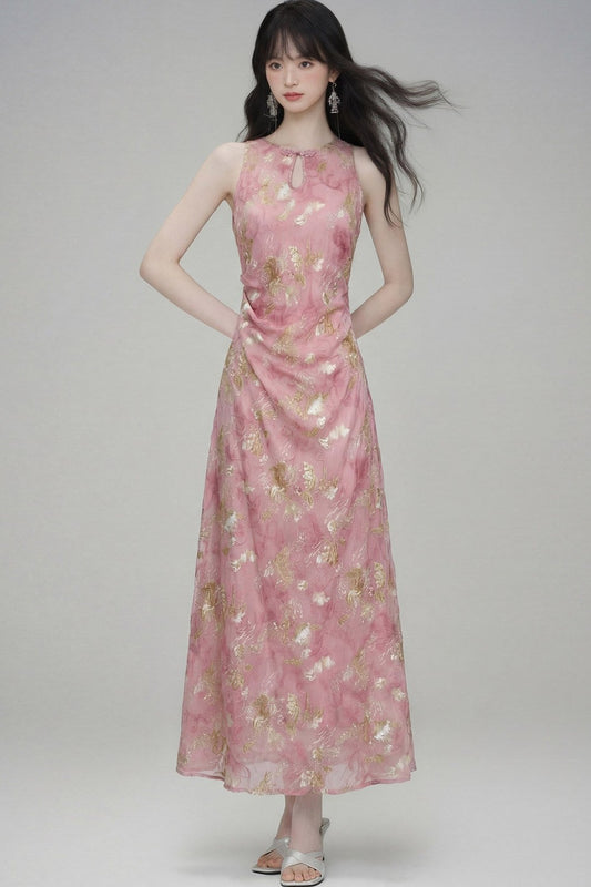 New Chinese Gold Jacquard Dress