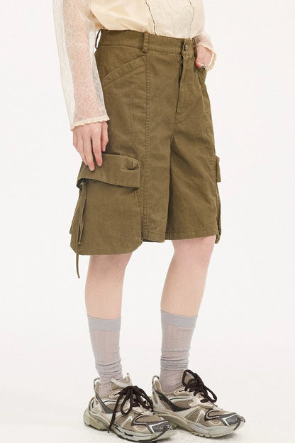 Khaki Washed Multi-Pocket Shorts