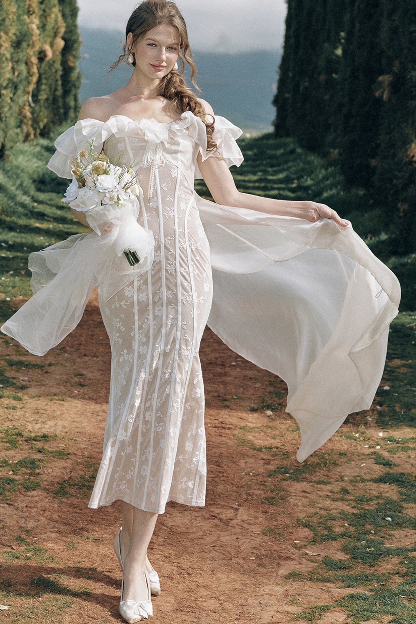 Lace French Retro Off-Shoulder Fishbone Dress