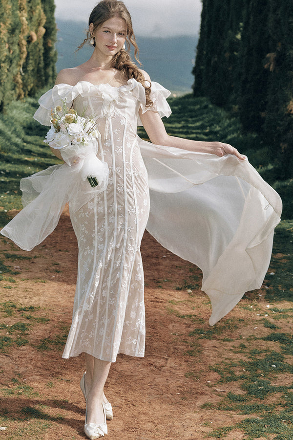 Lace French Retro Off-Shoulder Fishbone Dress