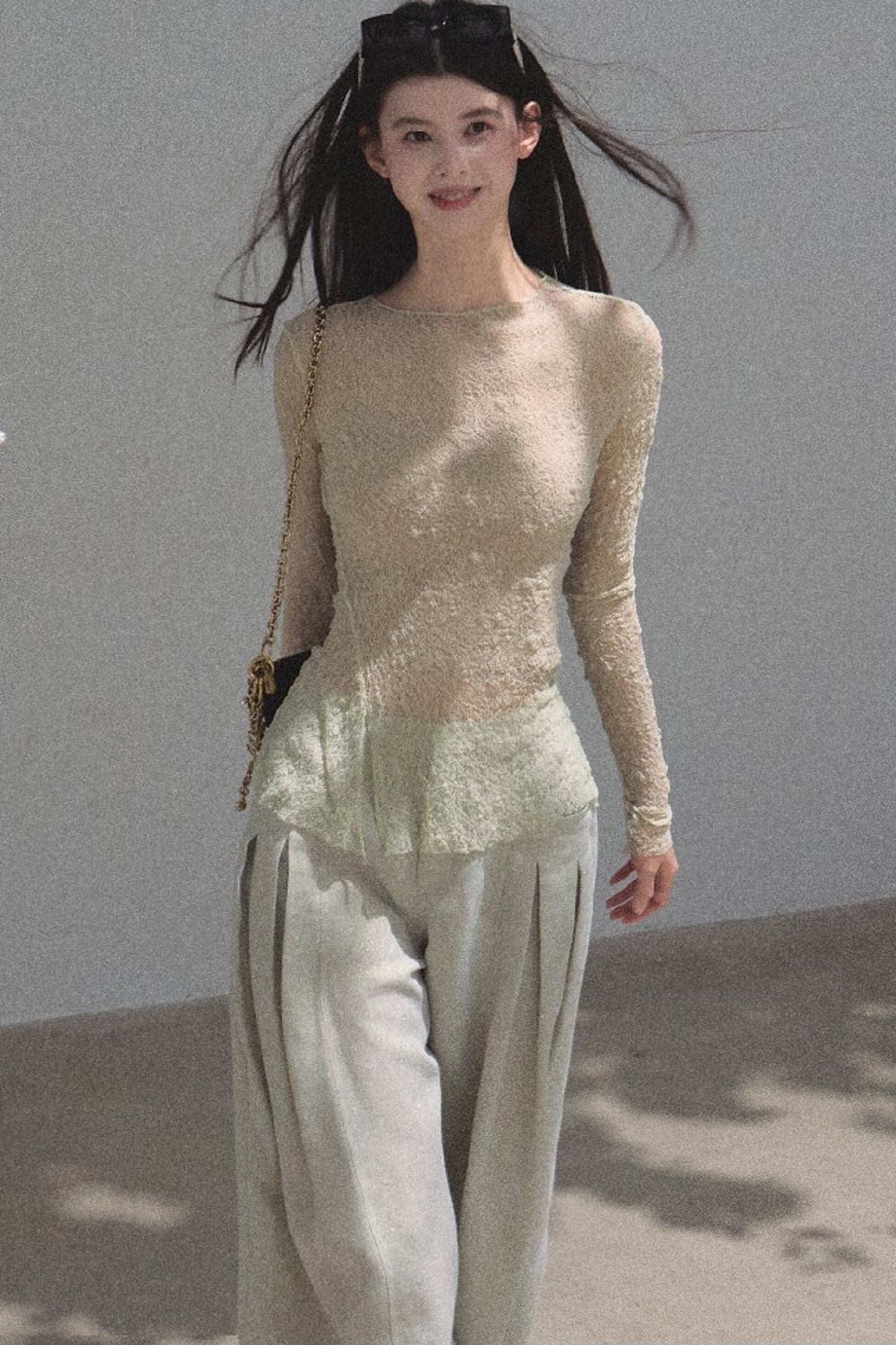 Silver Textured Knit Lace Top