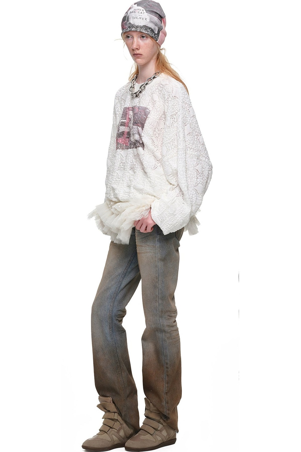 Cat Wanted Print Hollow Lace Pullover