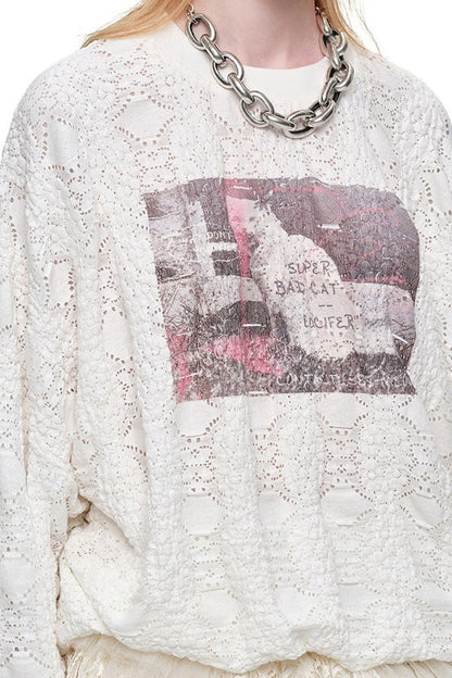 Cat Wanted Print Hollow Lace Pullover