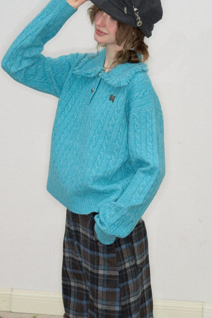 Blue Green Velvet Floral Twist Texture Tassel Sweater
