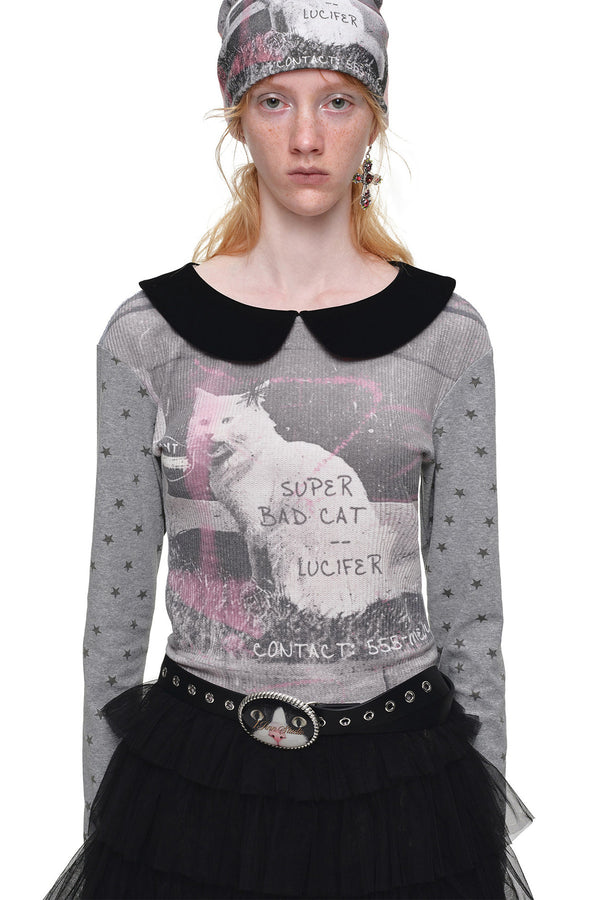Cat Print Waffle Doll Collar Long-Sleeve T-Shirt