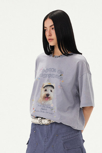 Rhinestone Cartoon Dog Drop Shoulder T-Shirt