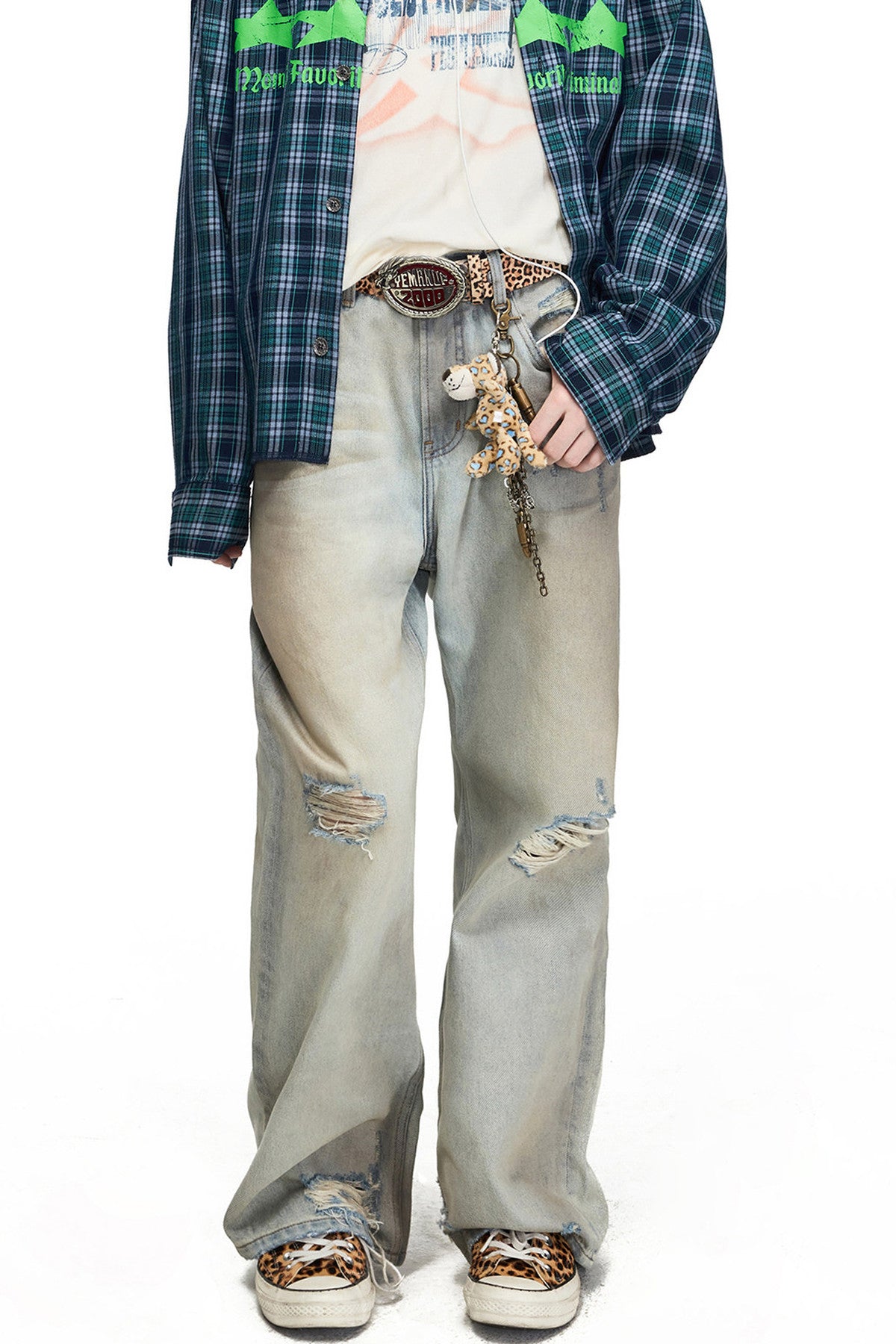 Distressed Straight-Leg Long Pants