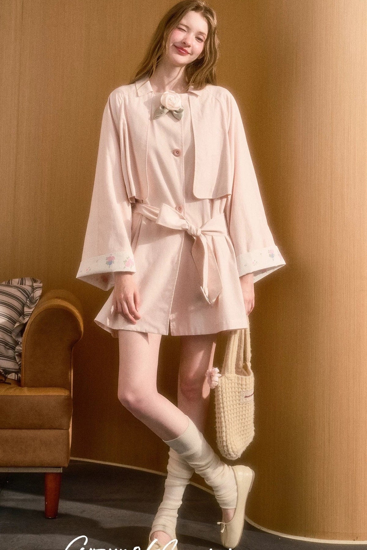 Layered-Look A-Line Linen Trench Coat