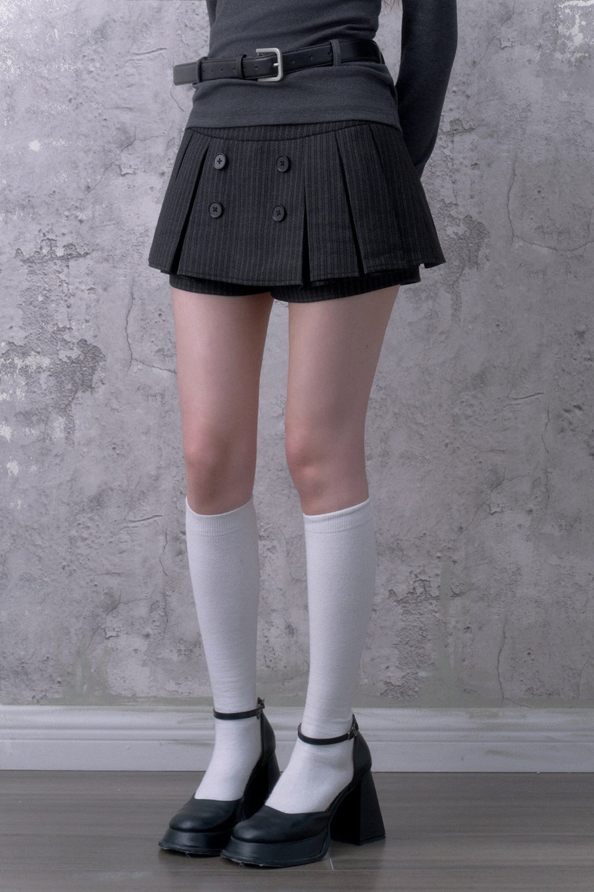 Black Gray Striped Brushed Double-Breasted Pleated Skirt