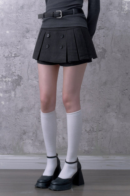 Black Gray Striped Brushed Double-Breasted Pleated Skirt