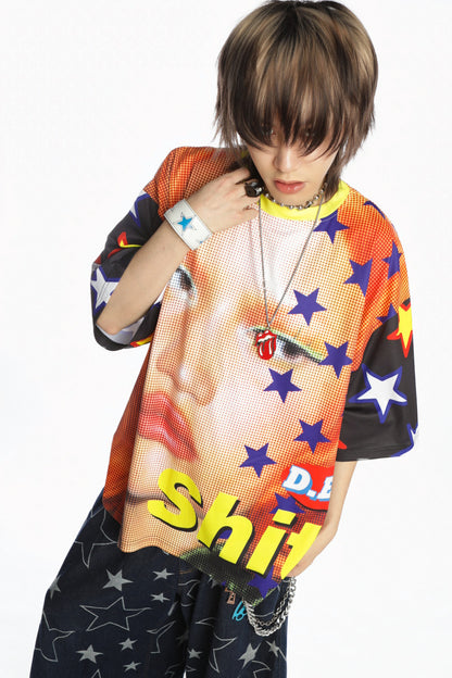 Quirky Printed Color-Blocked Collar Oversized Blouse