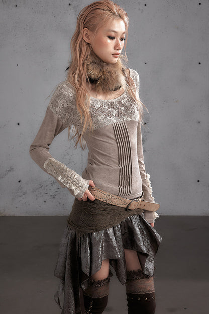 蕾絲拼接刺繡Long sleeve針織上衣