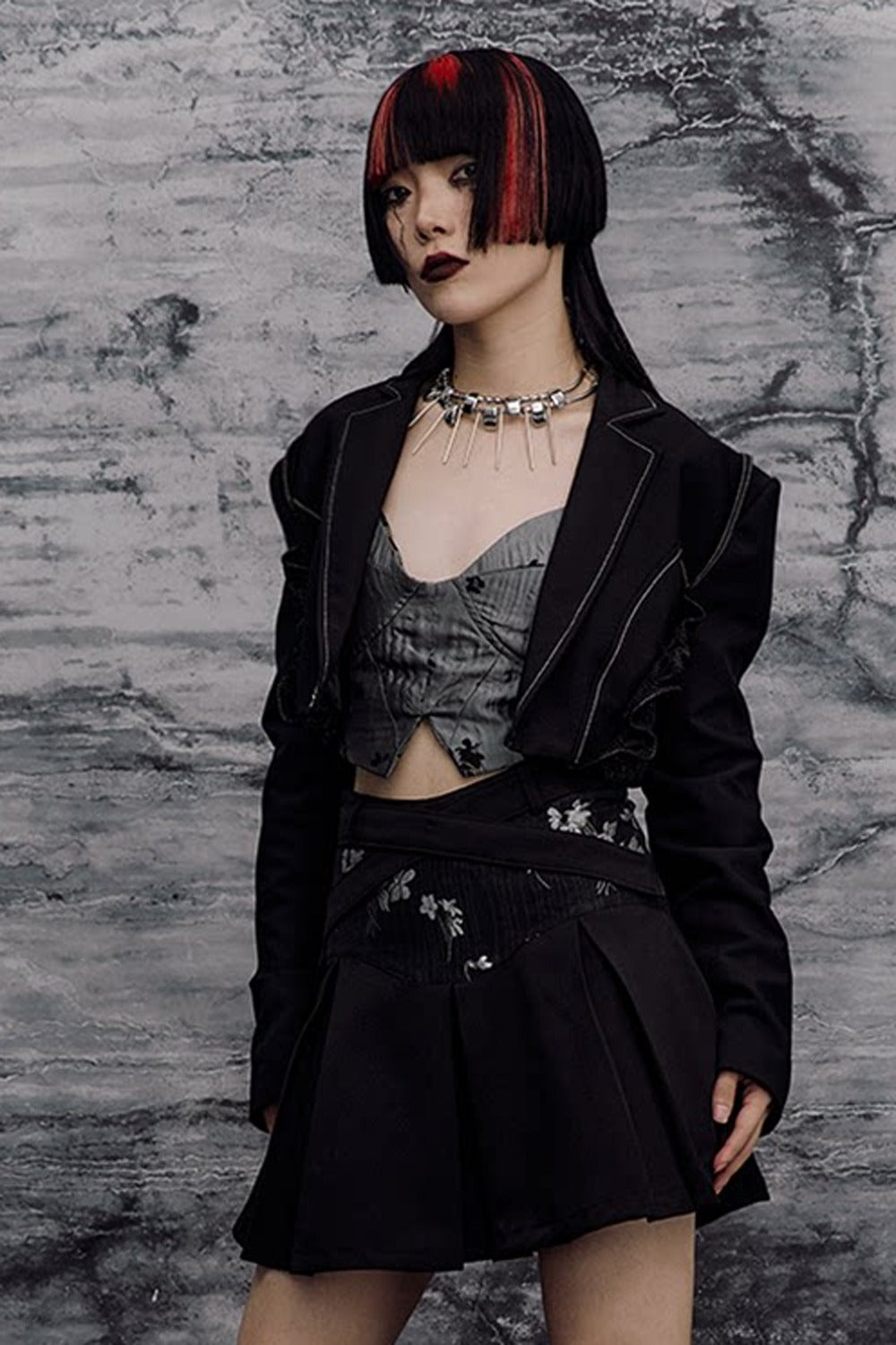Dark Slimming Patchwork Lapel Jacket Set