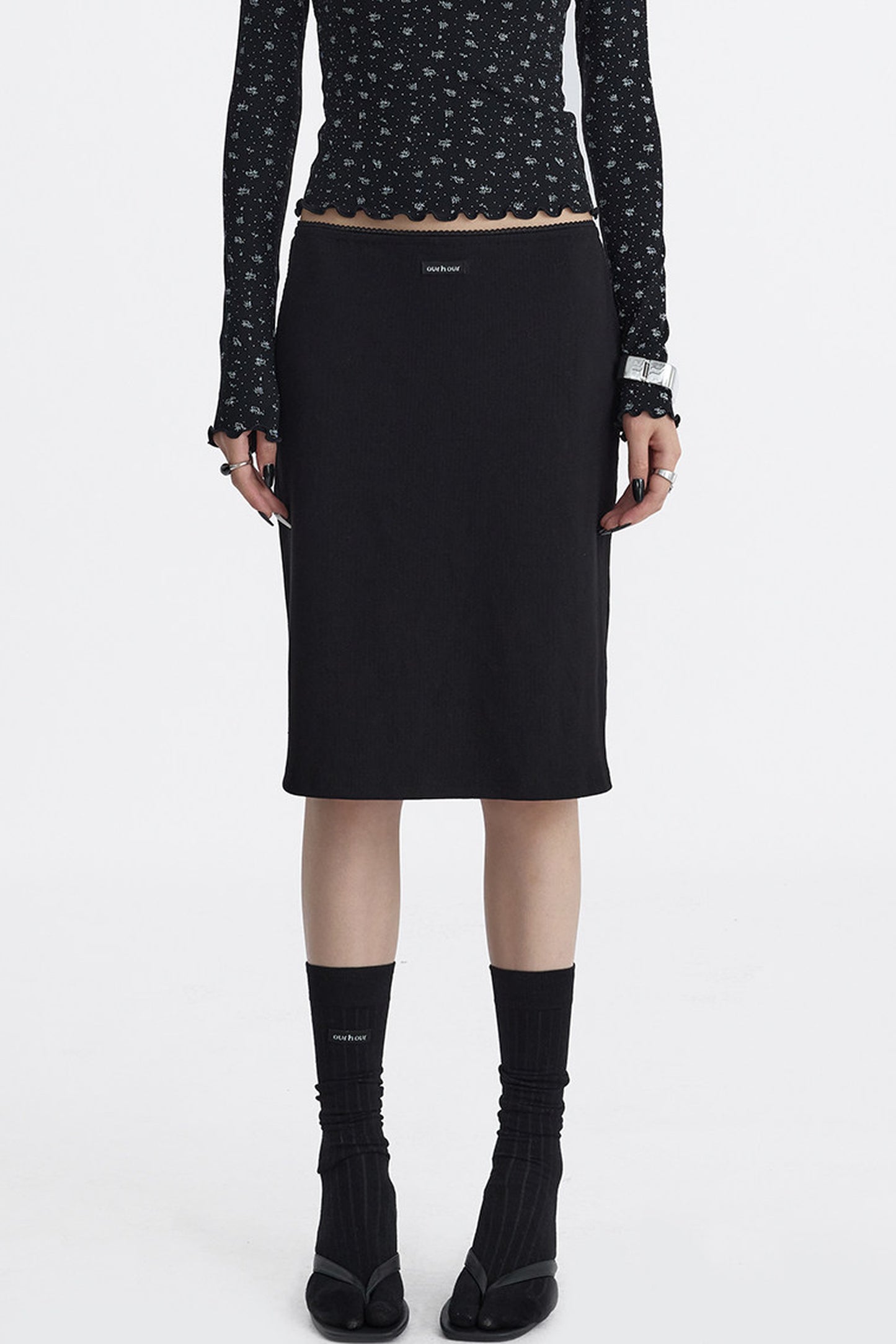 Lace Trim Knit Midi Skirt