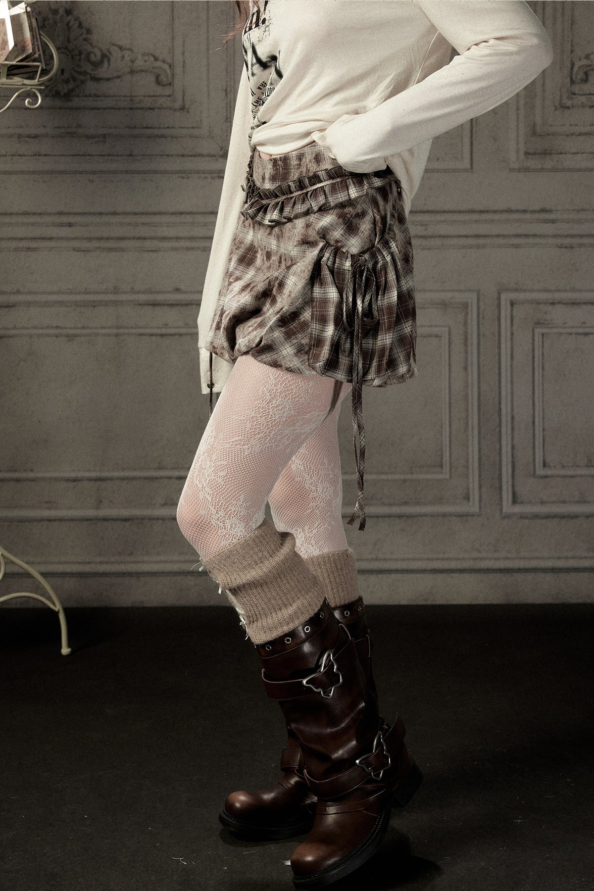High-Waisted Coffee Plaid Ruffle Tie Skirt