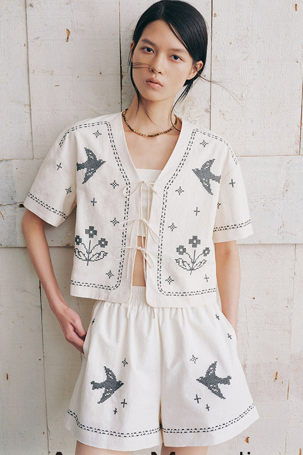 Bird Embroidered Cotton Linen Cardigan And Shorts Set-Up