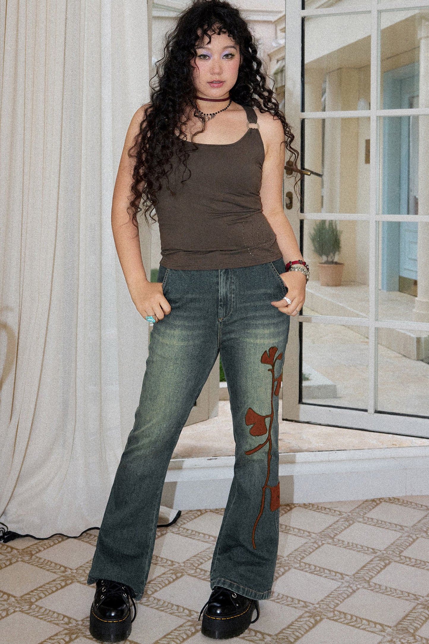 Ginkgo Leaf Embroidered Denim Pants
