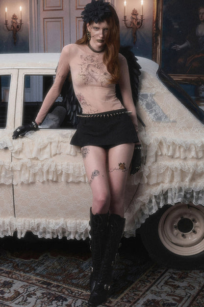 Tattoo Print Sheer Mesh Top