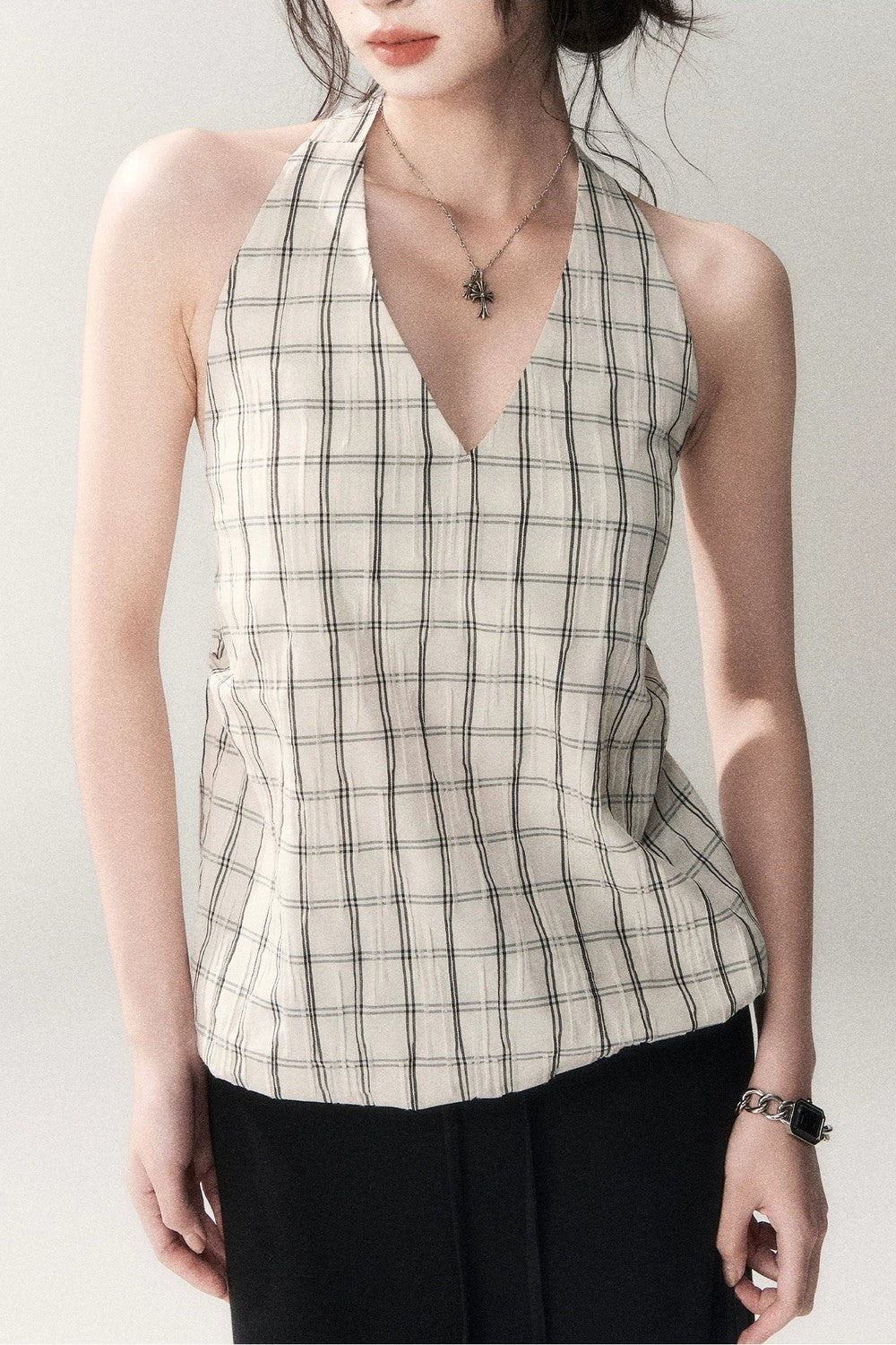 Textured Cotton Plaid Halter Camisole