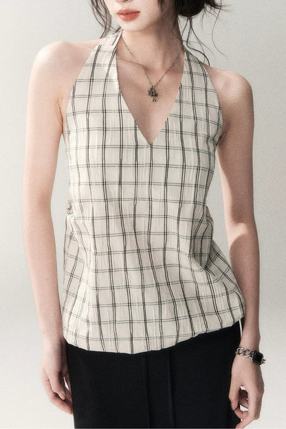 Textured Cotton Plaid Halter Camisole