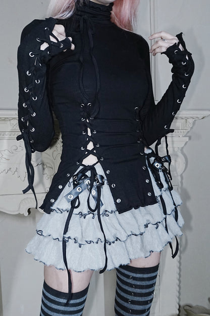 High-Neck Lace-Up Knit Top