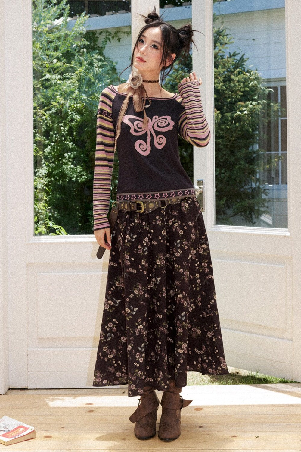 Butterfly Jacquard Striped Sweater