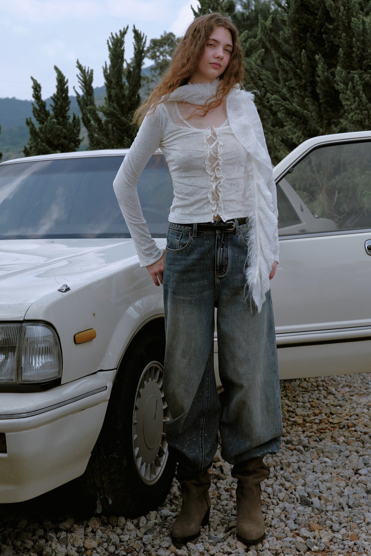 Gold-Stamped Starry Wide-Leg Jeans
