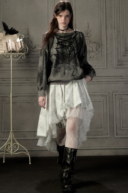 Distressed Drawstring Cross Print Hooded Pullover Sweatshirt