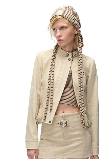 Storm Rider Washed Khaki PU Patchwork Jacket