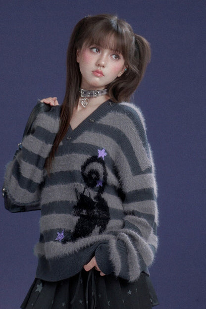 Halloween Meow Black Gray Striped Sweater Set-Up