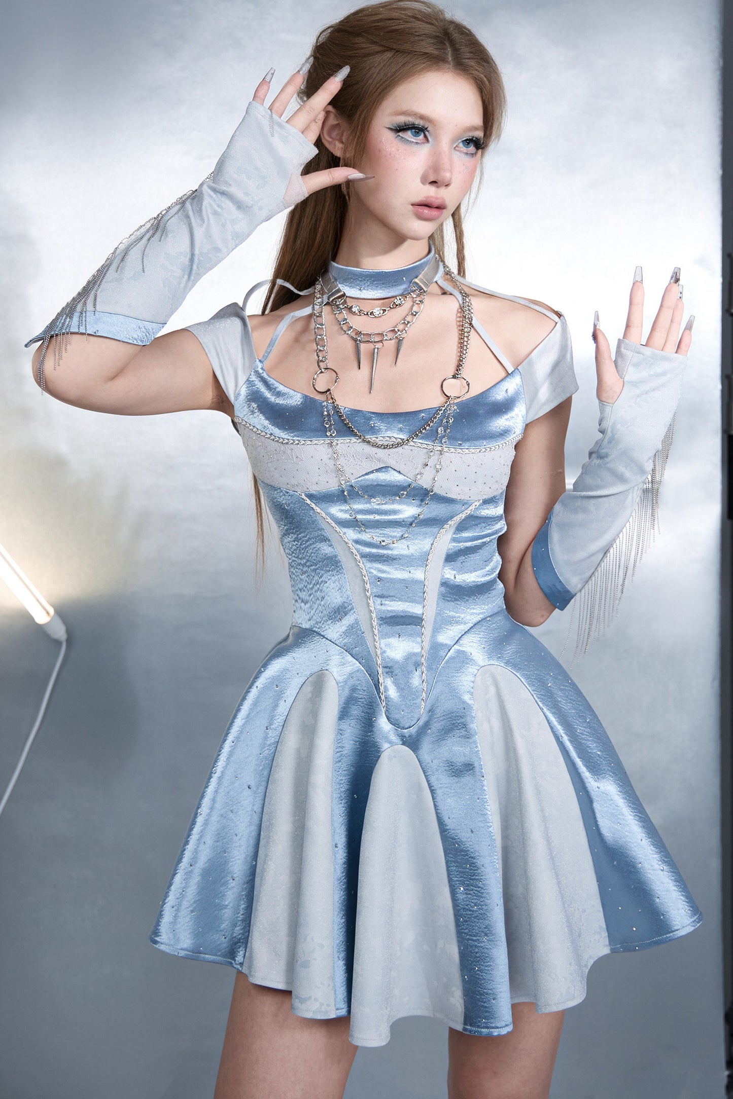 Y2K Blue Satin Halter A-Line Dress Set-Up