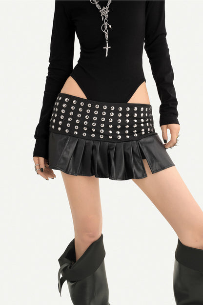 Studded Leather Pleated Mini Skirt