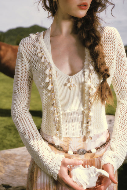 Shell Halter Knitted Cardigan Halter Top and Skirt Set-Up