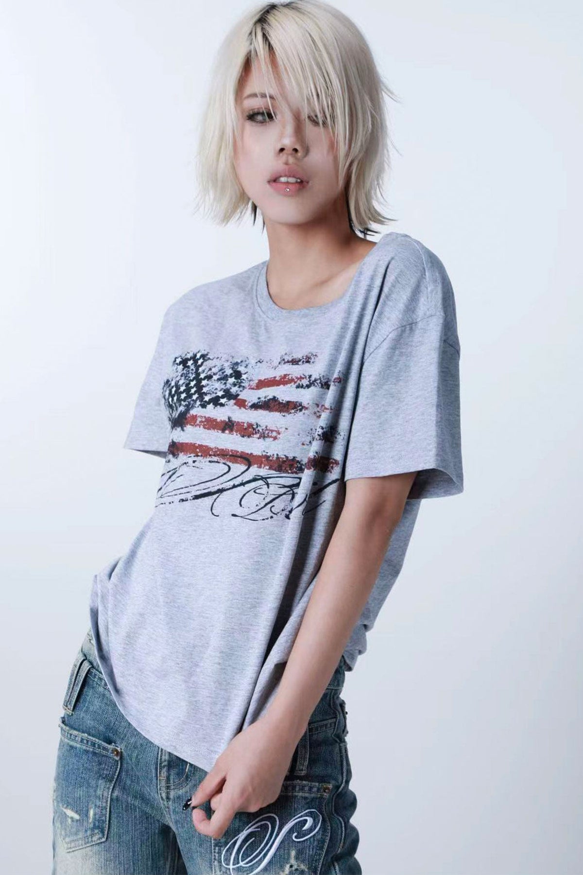Kurzarm-T-Shirt mit Sternflagge im Used-Look
