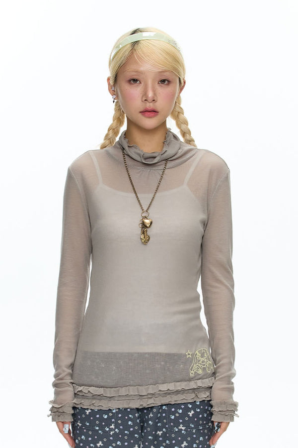 Sheer High Neck Ruffle Hem Top