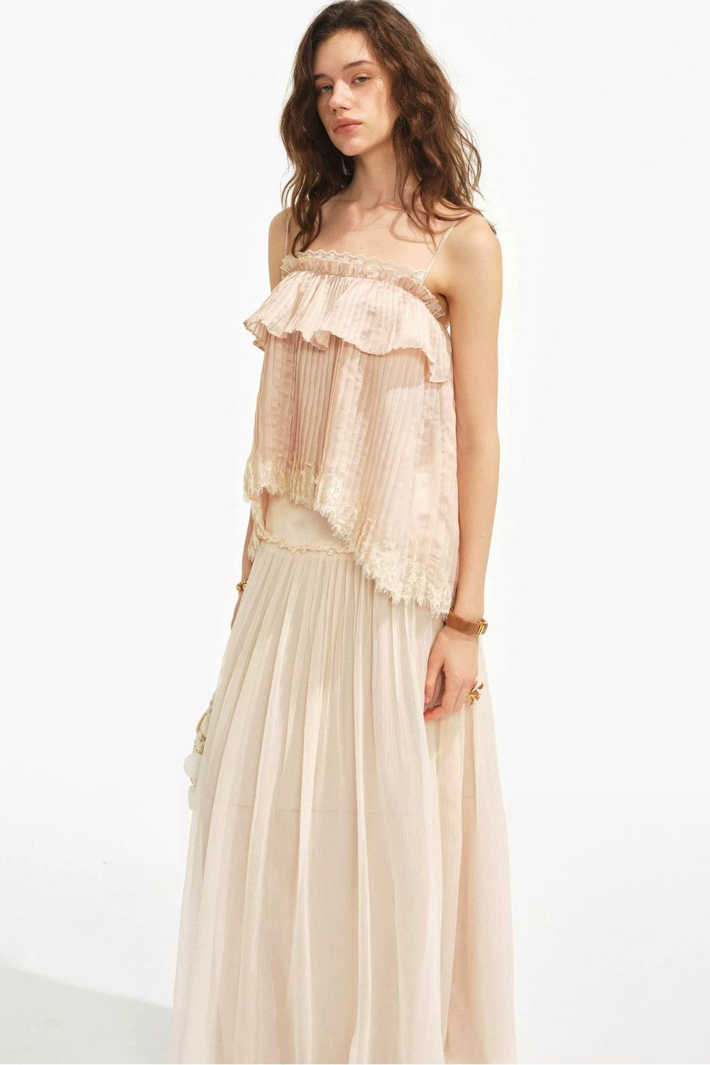 Retro Pleated Lace Pearl Skirt Set-Up