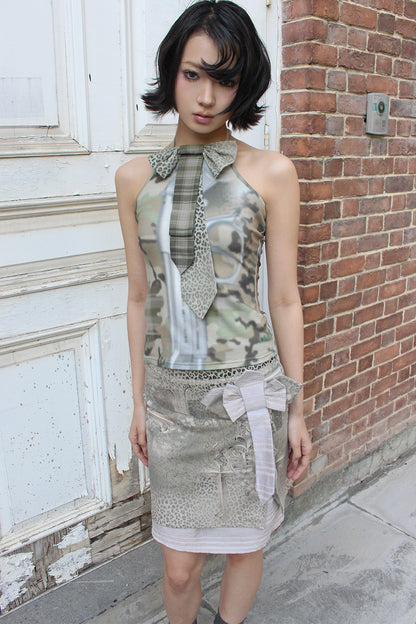 Cross Leopard Print Bow Double-Layer Midi Skirt