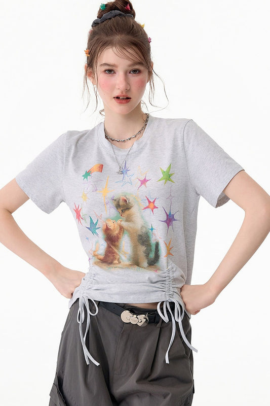 Cat Print Drawstring T-Shirt
