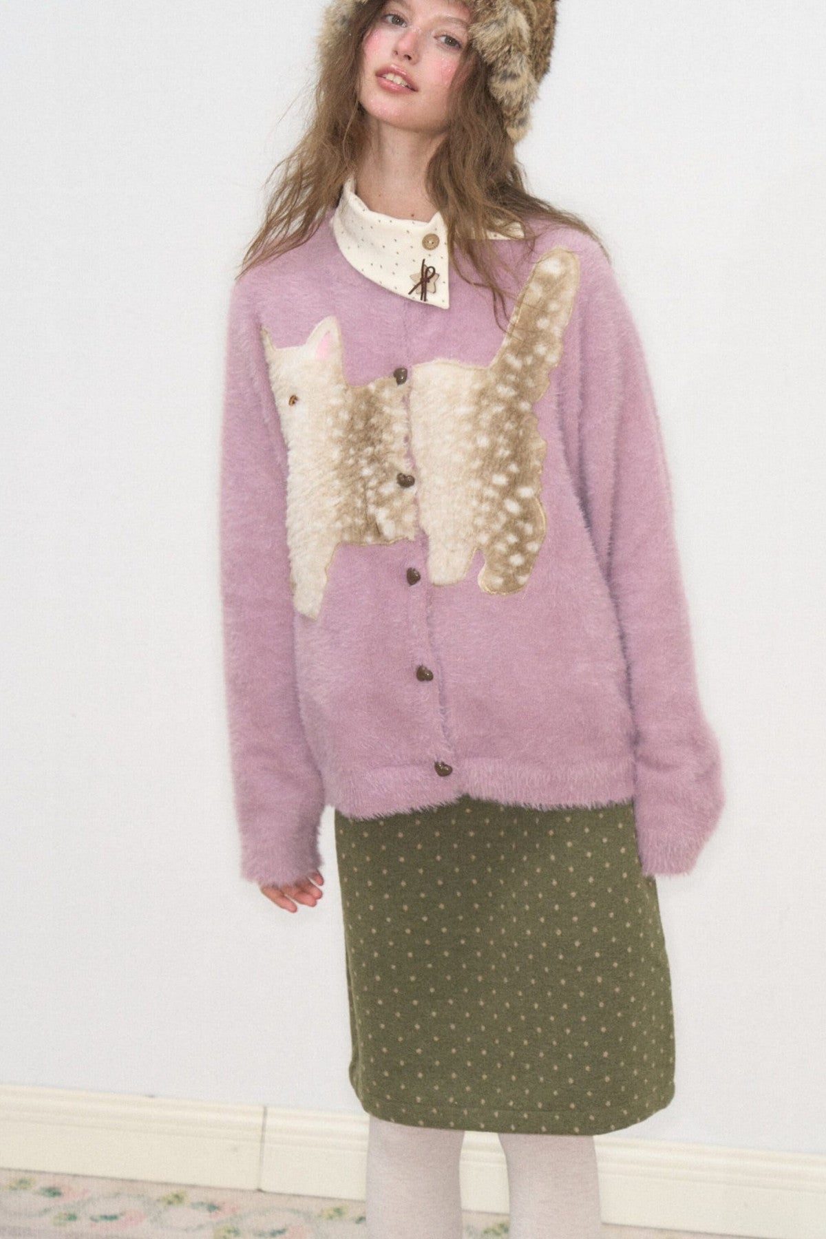 Purple Cat Patch Embroidery Cardigan