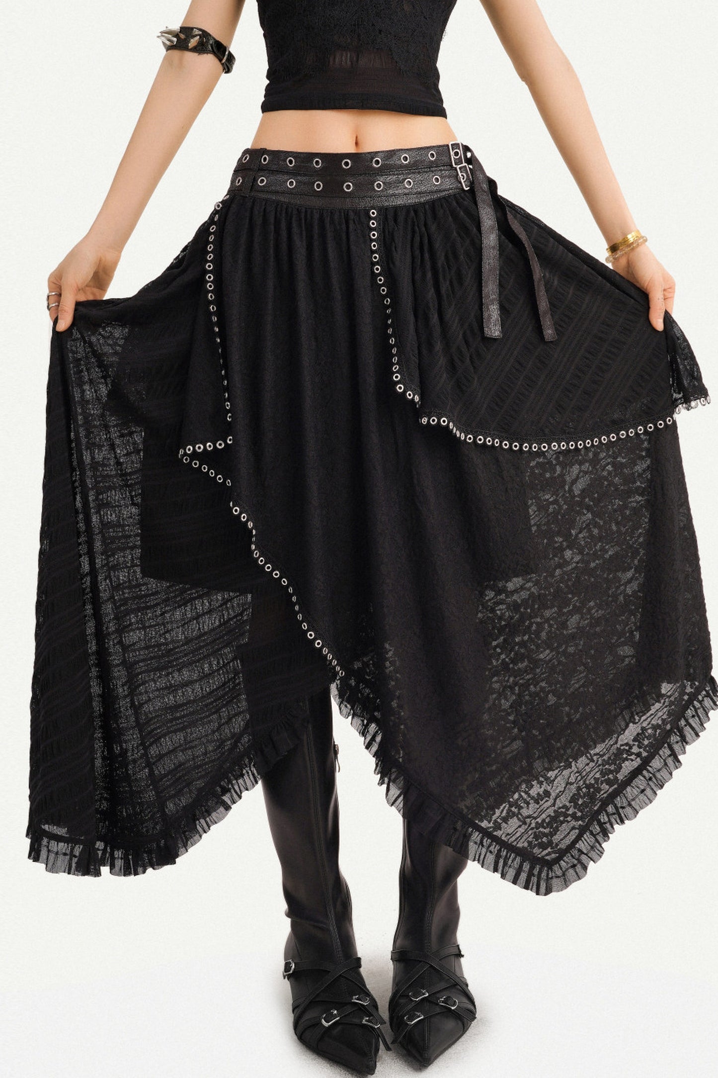 Gothic Lace Mesh Asymmetric Layered Hem Skirt