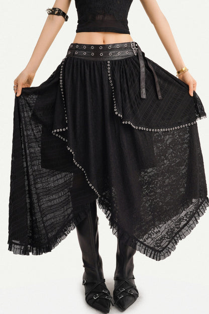 Gothic Lace Mesh Asymmetric Layered Hem Skirt