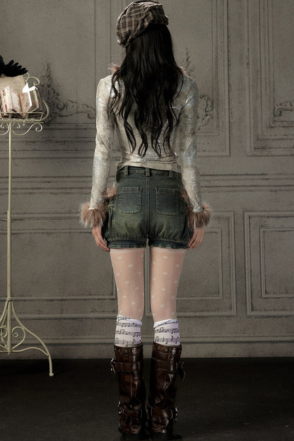 Fur Collar V-Neck Long-Sleeve T-Shirt