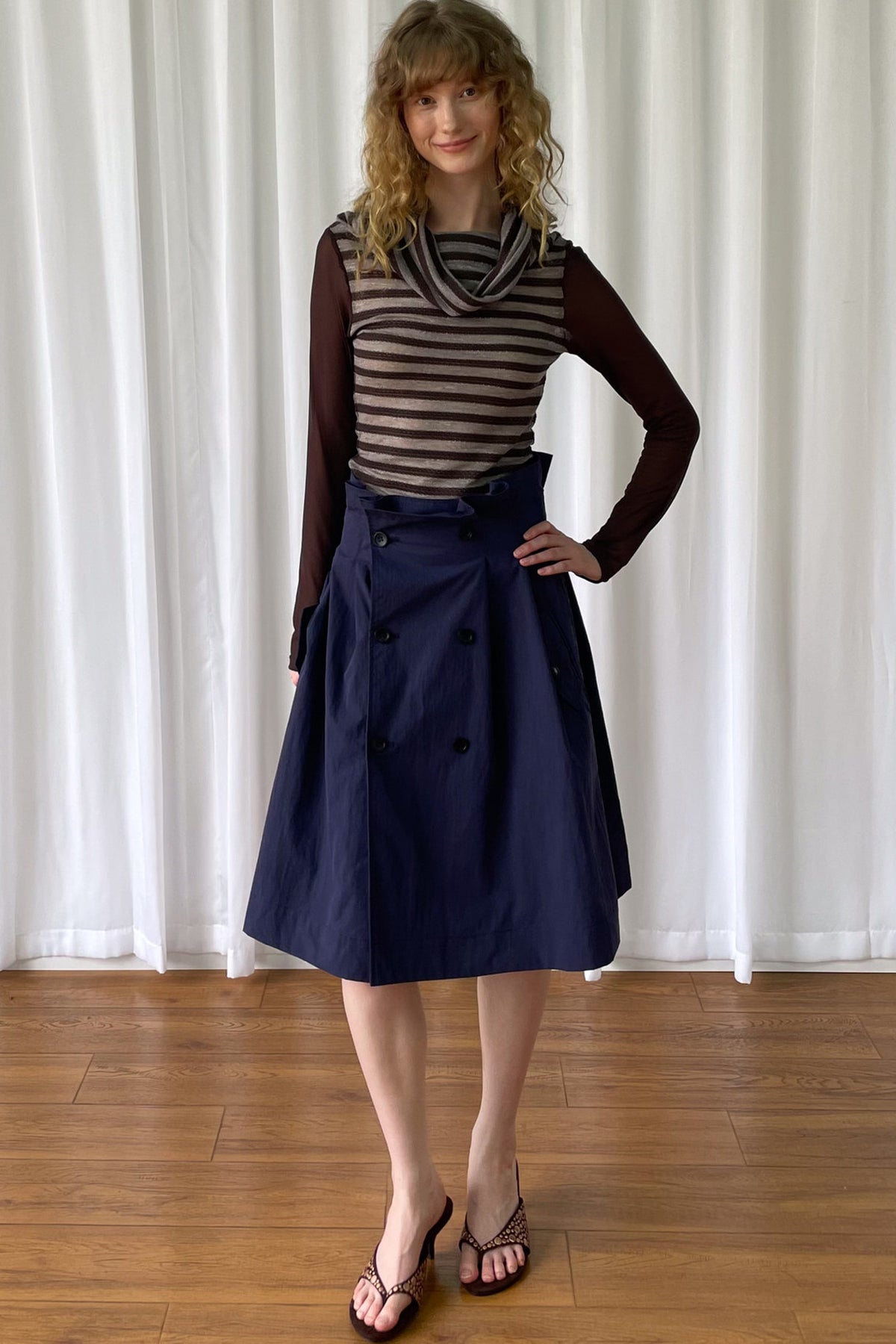 Spliced Striped Cowl Neck Long-Sleeve Blouse