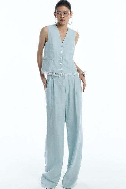 Mint Green Lyocell Cotton Linen Lace Vest and Pants Set-Up