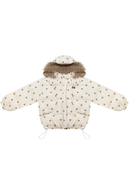 Polka Dot Fur Collar Hooded Down Jacket