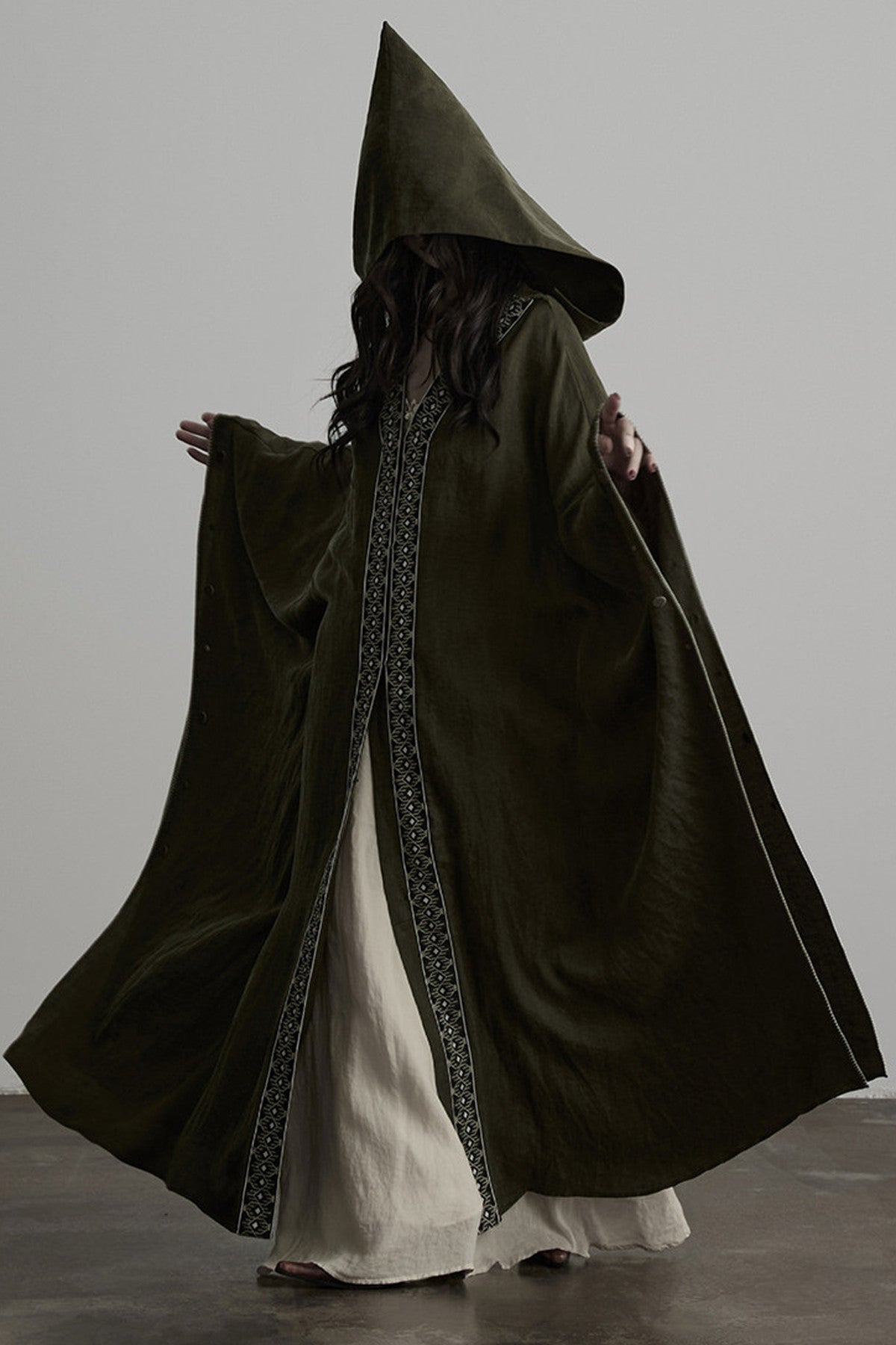 Dark Forest Green Embroidered Detachable Hood Cape