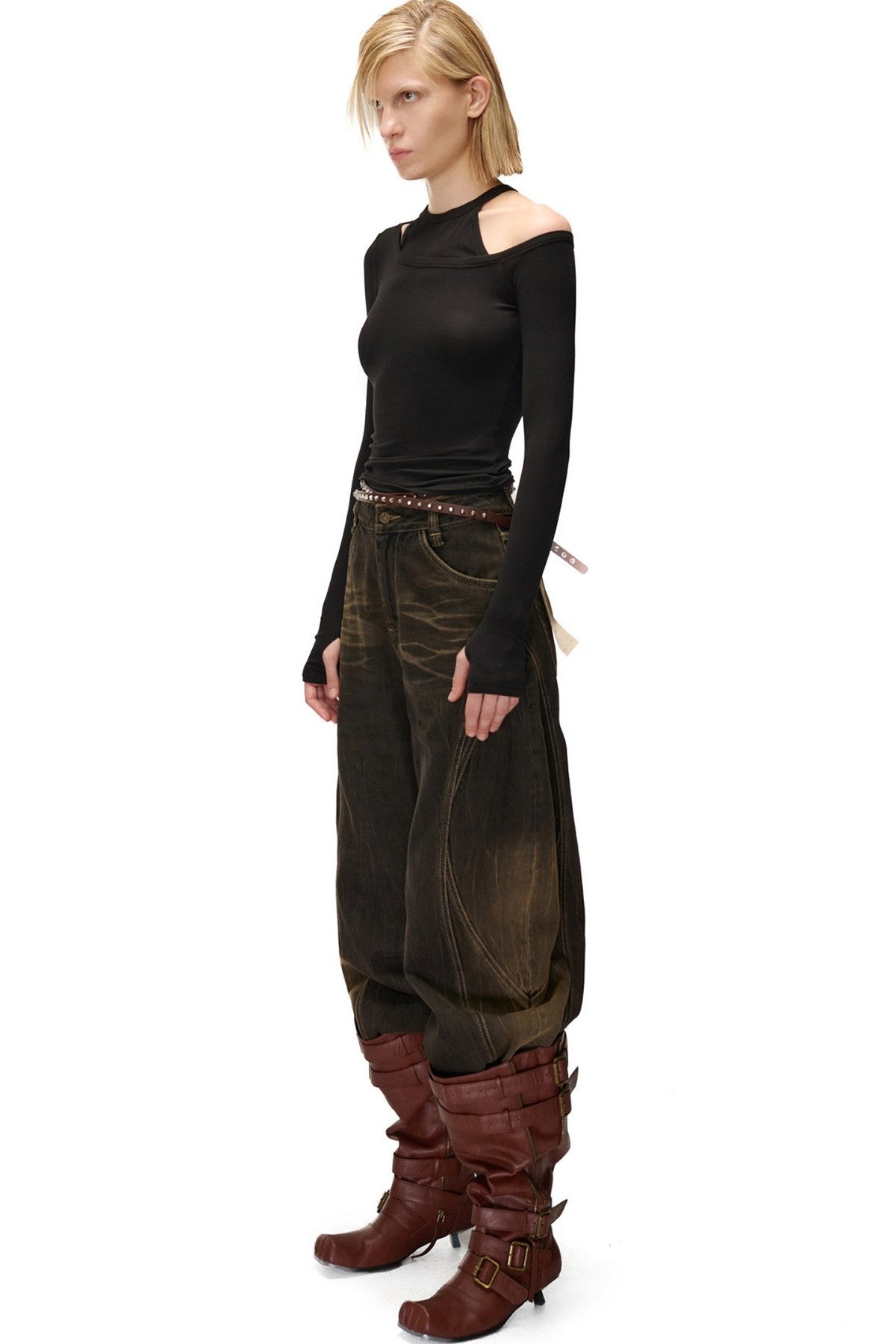 Asymmetrical Halter Off-Shoulder Long-Sleeve Top