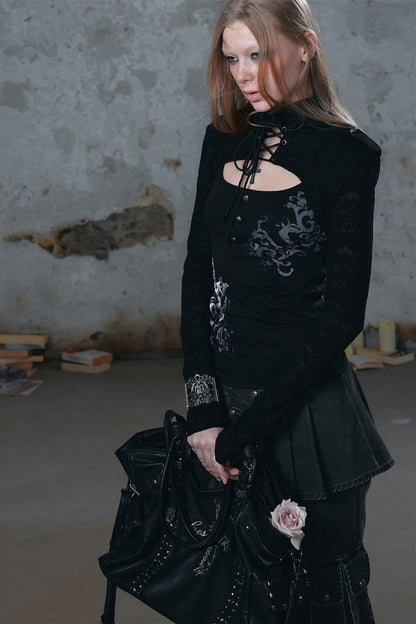 Tie-Neck Silver-Printed Long-Sleeve Top